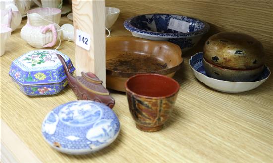 A Chinese blue and white seal paste box and cover, and other Oriental items